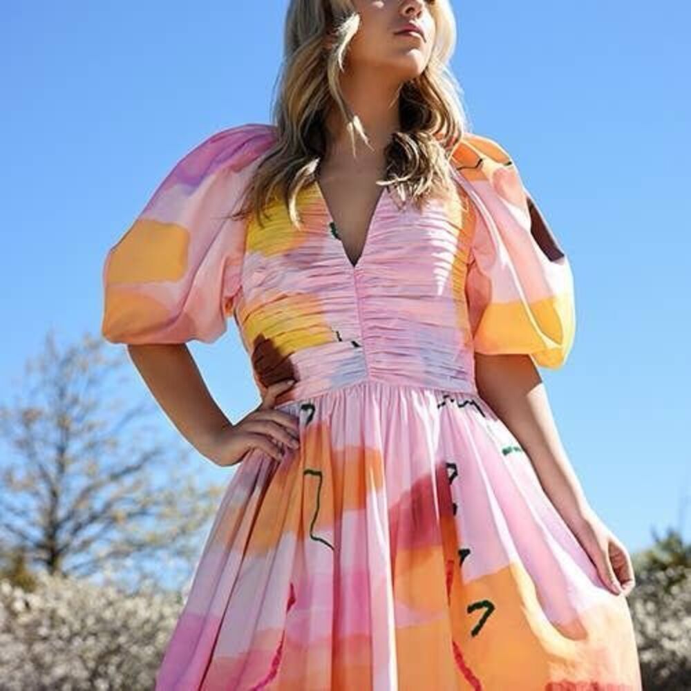 Pink Multi-Color V-Neck Midi Dress with Puff Sleeves